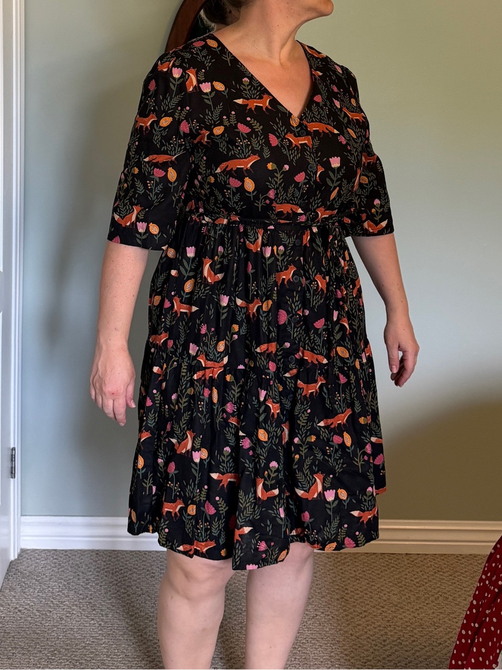 Princess Highway Black Midi Dress with Orange Fox and Pink Floral Print
